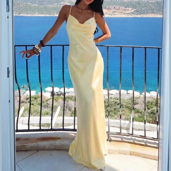 Dresses & Skirts - Pale Yellow Satin Cowl Neck Spaghetti Strap Maxi Dress